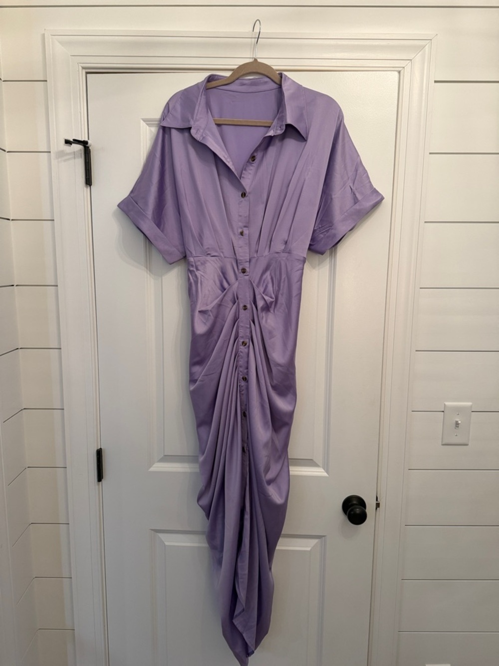 Draped Lilac Button-Front Midi Dress